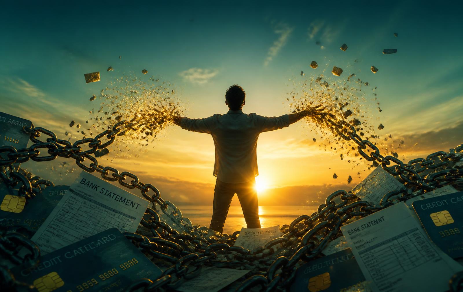 Person breaking free from chains made of credit cards and bank statements at sunrise, symbolising getting out of debt — www.changeyourlife.money